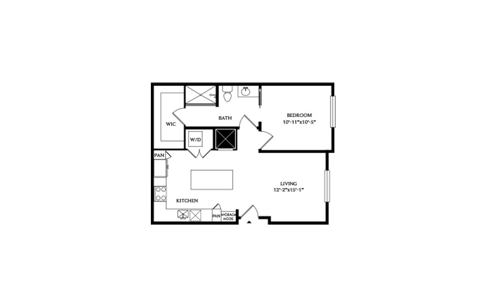 1B.2 - 1 bedroom floorplan layout with 1 bath and 728 square feet.