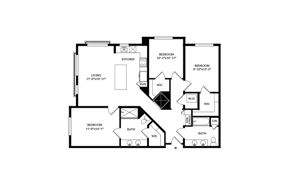 3A - 3 bedroom floorplan layout with 2 baths and 1293 square feet.
